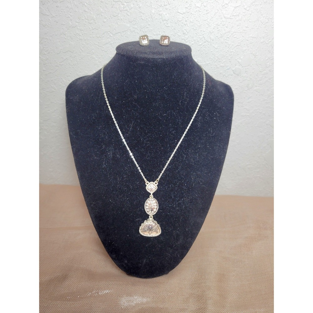 Vintage Sterling Silver Tiered Pendant Necklace With Earrings Women's Jewelry